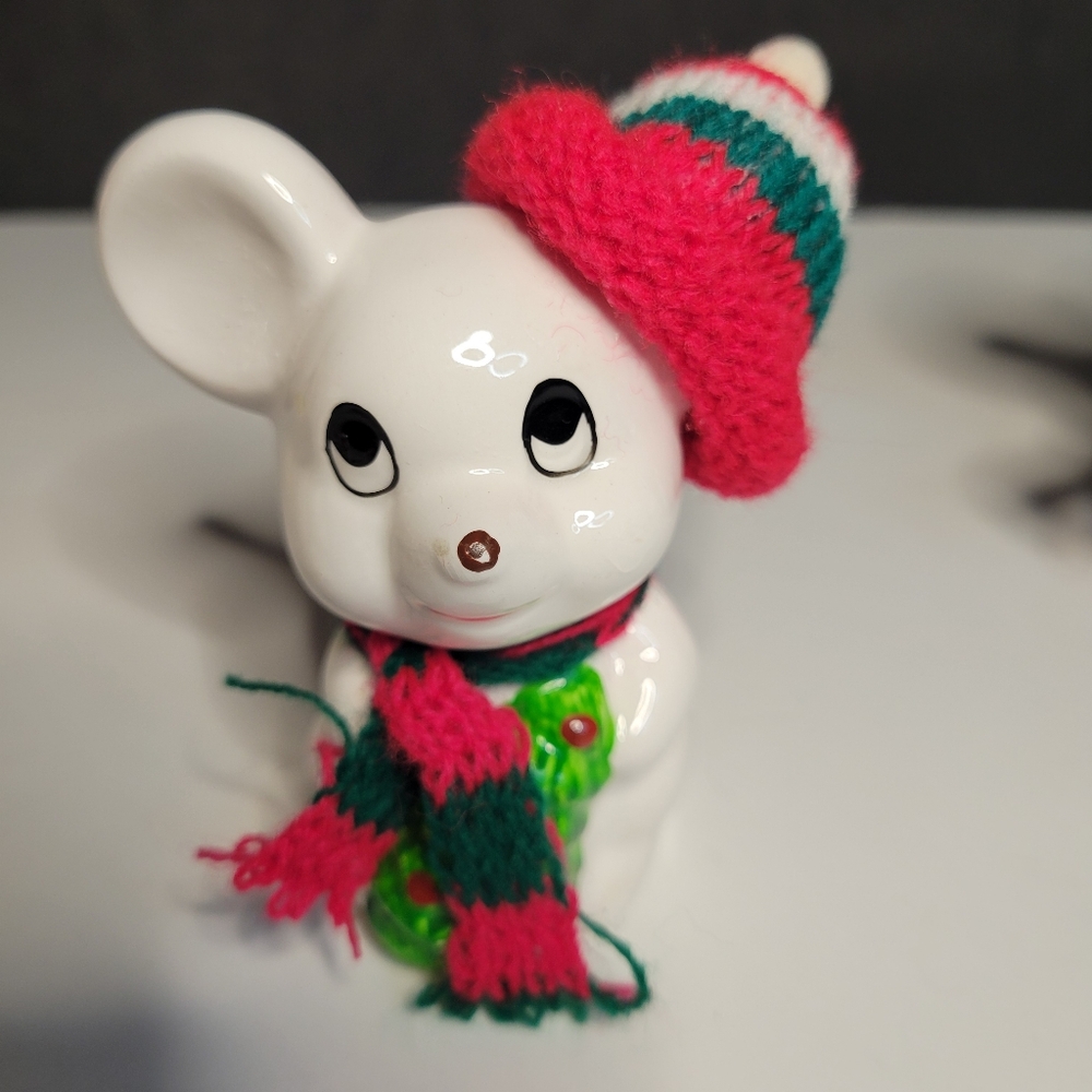VTG 90s Christmas Mouse Ornament  Kitschy Figurine Knit Hat Scarf Ceramic
